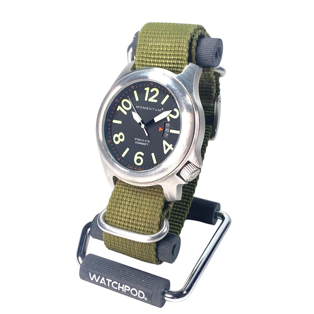 Momentum Steelix 44mm Field Watch Sapphire Olive Nylon Strap 200M Gorpcore Tool